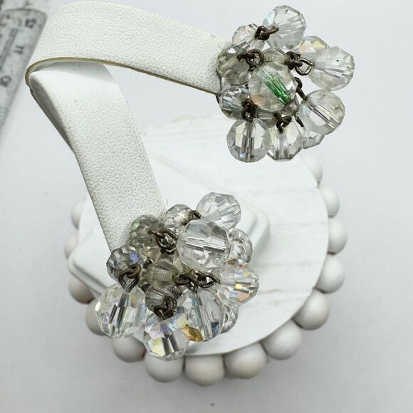 Vintage MCM Aurora Borealis AB Faceted Crytal Cluster Cha Cha Clip On Earrings - Picture 9 of 14